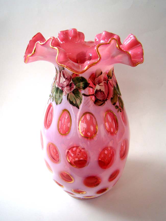 A Fabulous vintage Charleston Fenton coin dot overlay cranberry glass vase